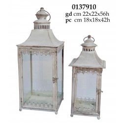 Lanterna da giardino in ferro battuto anticato set 2 pezzi con vetri laterali