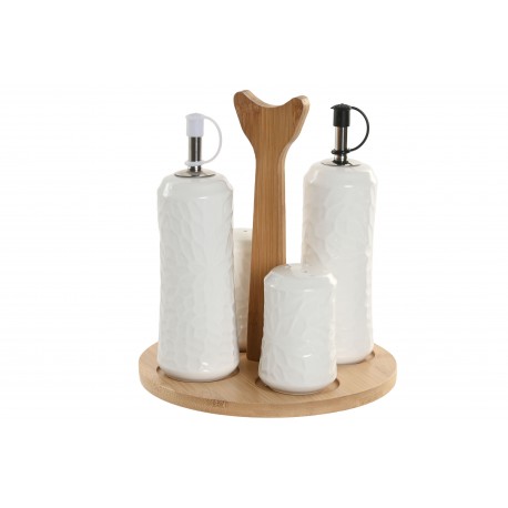 OLIO ACETO SALE PEPE DA TAVOLA SET IN CERAMICA BIANCO CON SUPPORTO IN LEGNO