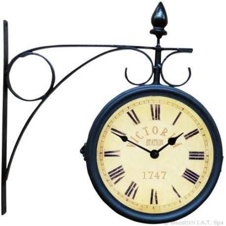 OROLOGIO STAZIONE SVEGLIA A PARETE IN FERRO BATTUTO CON BRACCIO A BANDIERA