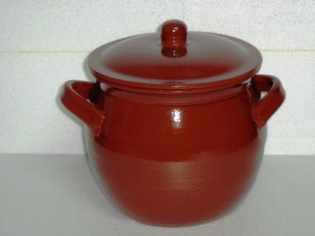 PENTOLA TEGAME IN TERRACOTTA BOMBATA CON MANICI E COPERCHIO DA FORNO  COTTURA 20VM